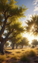 Wall Mural - Autumn olive trees with full bloom against a warm summer sky and sunbeams , tree flowers, botanical landscapes