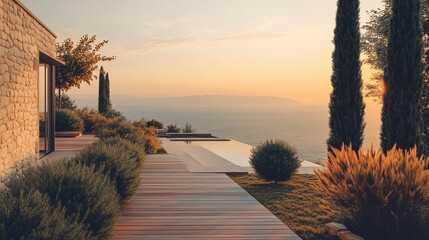 Wall Mural - Exterior view of a rustic mediterranean house overlooking the sea at sunset. Generative AI.