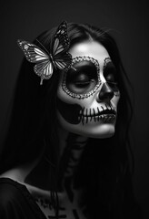 Dark gothic art, macabre masquerade, haunting figure adorned with skeletal elements and delicate butterfly