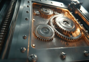 Poster - Close-Up View of Intricate Metallic Gears and Mechanisms Inside a Machine Showcasing Precision Engineering and Innovative Design Elements
