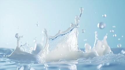 Poster - Close-Up Shot of a Milk Splash Captured in a Frozen Moment Against a Soft Blue Background