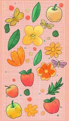 Poster - Abstract Vertical Arrangement of Colorful Fruits and Flowers on a Soft Pink Background