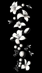 Poster - Vertical Abstract Design Featuring Elegant White Flowers and Artistic Elements on a Black Background
