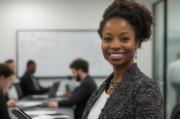 Poster - Confident Businesswoman Smiling in Modern Office Environment Surrounded by Colleagues Engaged in Work, Showcasing Professionalism and Diversity in the Workplace