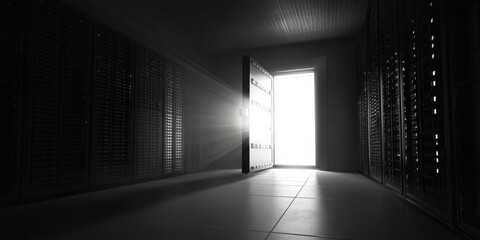 Poster - Dark Data Center Interior with Open Door Illuminating Space, Symbolizing Access to Digital Information and Technology Advancement, Mysterious Atmosphere