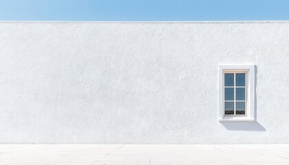 Poster - Minimalist Architectural Design Featuring a Single Window Against a Clean White Wall Under a Clear Blue Sky