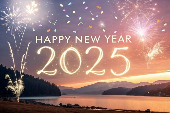 Happy New Year 2025 Text Holiday Graphic with Gold Fireworks Background