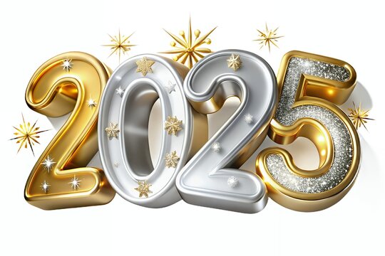 Happy New Year 2025 Text Holiday Graphic with Gold Fireworks Background