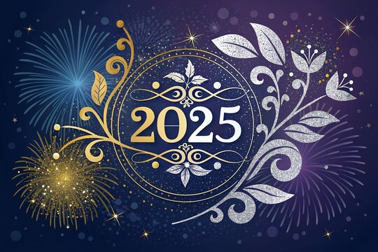 floral background with butterflies Happy New Year 2025 Text Holiday Graphic with Gold Fireworks Background