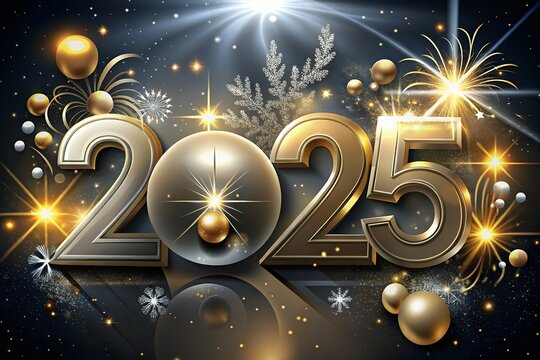 Happy New Year 2025 Text Holiday Graphic with Gold Fireworks Background with merry christmas