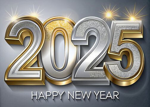 3d text with diamonds Happy New Year 2025 Text Holiday Graphic with Gold Fireworks Background