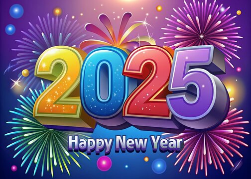 Happy New Year 2025 Text Holiday Graphic with Gold Fireworks Background