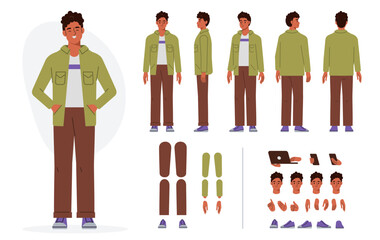 Wall Mural - casual boy character constructor for animation. front, side and back view set. body parts, postures,