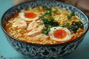 Wall Mural - Steaming bowl of ramen with chicken, egg, and green onions, offering a comforting and flavorful meal