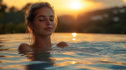 Poster - A serene moment unfolds with a woman enjoying the soothing water of a pool as the sun sets in the background, creating a peaceful atmosphere. Her closed eyes suggest relaxation.