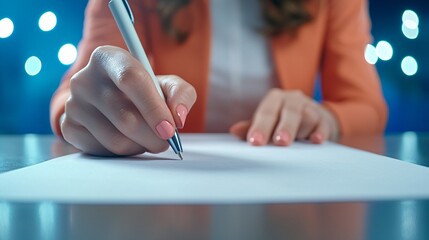 Poster - Person writing on paper with a pen, focused and illuminated background.