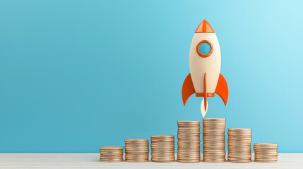 Poster - Rocket model launching above stacks of coins against a blue background.