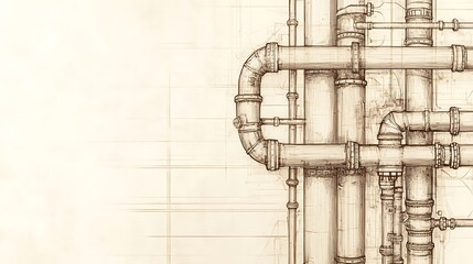 Sepia sketch of industrial piping system on blueprint background.
