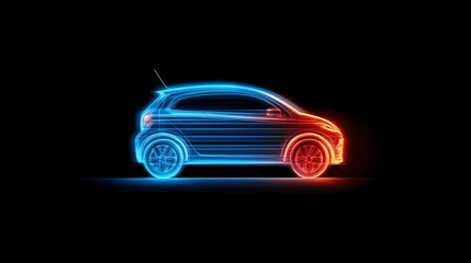 Poster - Neon outline of a car on a black background.