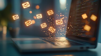 Poster - Laptop with glowing email icons floating above it in a digital setting.
