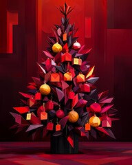 Wall Mural - Decorative Christmas Tree Adorned With Geometric Ornaments in Vibrant Colors, Showcasing a Modern Holiday Design in a Festive Atmosphere During the Winter Season