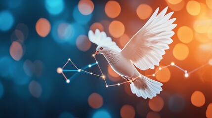 Poster - Dove soaring against a vibrant, abstract background of lights.