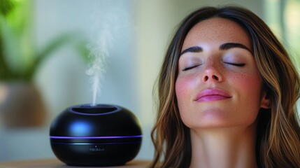 Poster - A person relaxes with eyes closed as an essential oil diffuser emits gentle steam in a tranquil environment filled with greenery, inviting a sense of peace and calm.