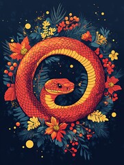 Canvas Print - Colorful Snake Encircled by Vibrant Flowers and Foliage, Creating a Striking Natural Artwork in a Dark Background