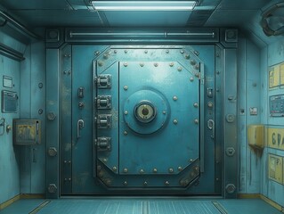 Poster - Intricate Blue Vault Door in a Dimly Lit Sci-Fi Environment Surrounded by Industrial Elements and Futuristic Design Features