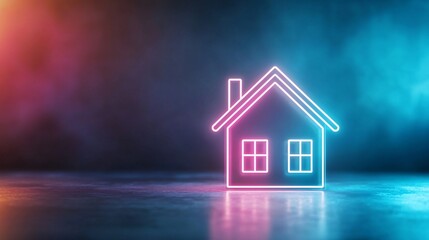 Poster - Neon house icon glowing against a colorful background.