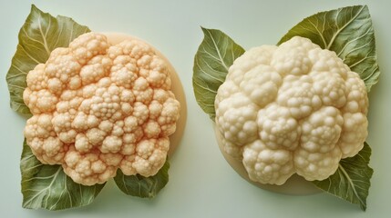 Wall Mural - Two cauliflower heads, orange and white, on leaves.