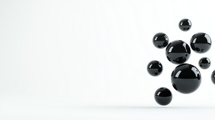 Poster - Glossy black balls fall and bounce on a smooth, white floor, creating an intriguing visual display in a bright, open space. The setting is minimalist and modern