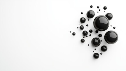 Poster - glossy black balls of varying sizes fall and bounce off a pristine white surface, reflecting light a