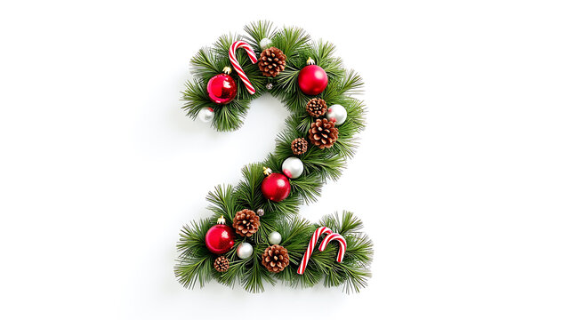 Christmas Numeric Character 2 made of tree decorations, festive ornaments, red and green color scheme, intricate design