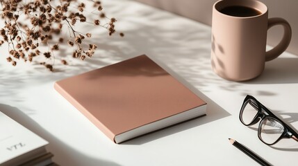 Poster - Cozy workspace featuring a notebook, mug, glasses, and dried flowers during a serene afternoon