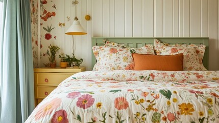 Wall Mural - Chic Floral Bedding in Cozy Bedroom with Soft Natural Light