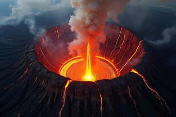 Wall Mural - volcano crater inferno: aerial view of a fiery volcanic crater, glowing lava swirls within, smoke bi