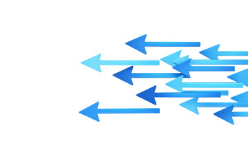 A dynamic arrangement of blue arrows pointing in various directions, suggesting movement and direction.