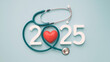 © MOUNSSIF - 2025 Happy New Year for health care.heart health, health insurance concept, new year resolutions goal. yearly health checks and healthy trend. Red heart and stethoscope on blue background