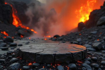 Wall Mural - a stone podium made of volcanic rock, set against a backdrop of flowing lava and smoke, creating a f