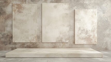 Poster - A minimalist display featuring three blank canvases on a textured wall, creating a serene and artistic atmosphere.