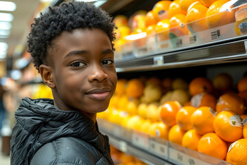 A young boy standing in front of a shelf of oranges