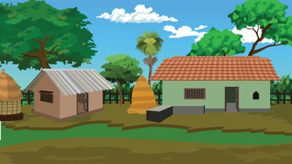 Wall Mural - Indian farmers house under blue sky and green land.Asian rural house background design vector illustration with shack with tin roof,straw pile