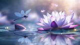A dragonfly hovering near a purple lotus in full bloom, its reflection visible in the water below