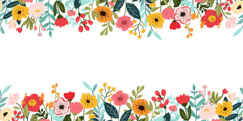 collection of spring colorful flower elements vector. floral boarder of wildflower, leaf branch, fol