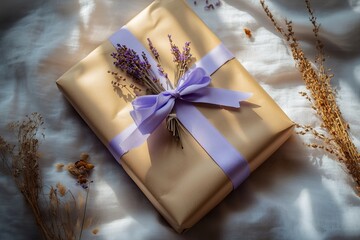 Golden gift wrapped with purple ribbon and lavender on fabric