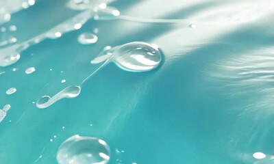 Poster - Exploring the mesmerizing dance of water droplets on a smooth surface in calming blue hues. Generative AI