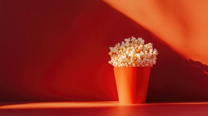 Poster - Bright and Modern Still Life with a Vibrant Orange Flower Pot Filled with Popcorn Against an Orange Wall, Capturing a Playful and Bold Aesthetic for Interior Design