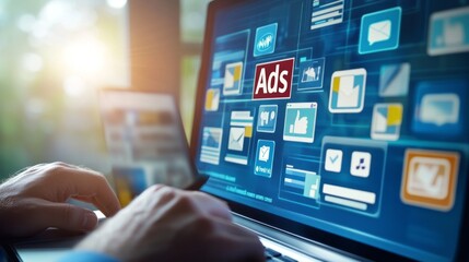 Man using laptop, digital ads displayed on screen.