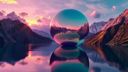 Aufkleber - Surreal vaporwave scene with golden ball on the pink landscape with mountains and sea. 90s or Y2K styled abstract surreal pink composition